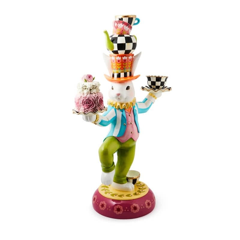 Tall calico-patterned fiberglass trophy rabbit sculpture with resin finish