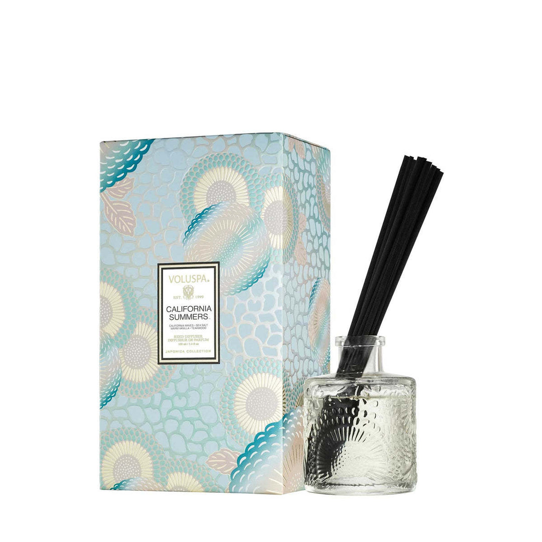 California Summers Reed Diffuser in clear glass with dark reeds