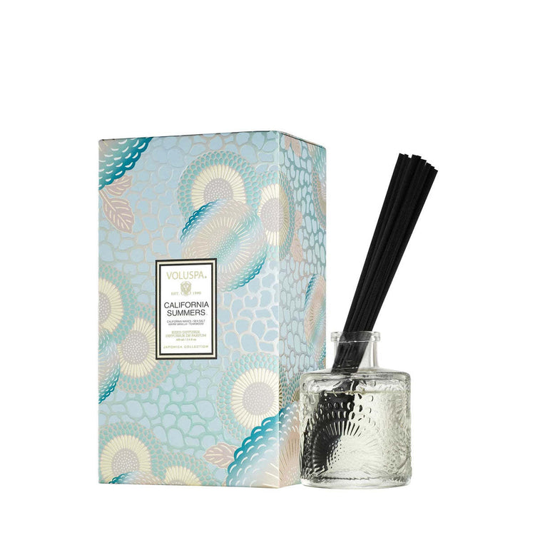California Summers Reed Diffuser in clear glass with dark reeds