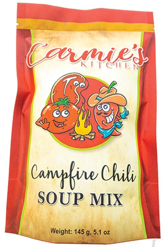 Bag of Campfire Chili Soup Mix with red chili powder visible through clear packaging.