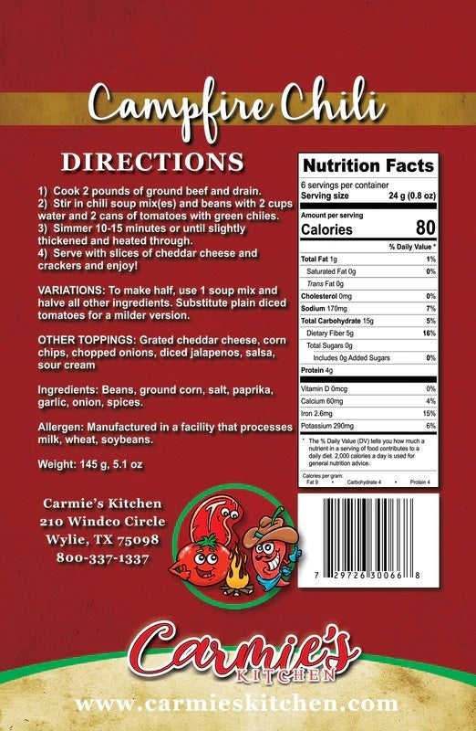 Bag of Campfire Chili Soup Mix with red label showing chili peppers