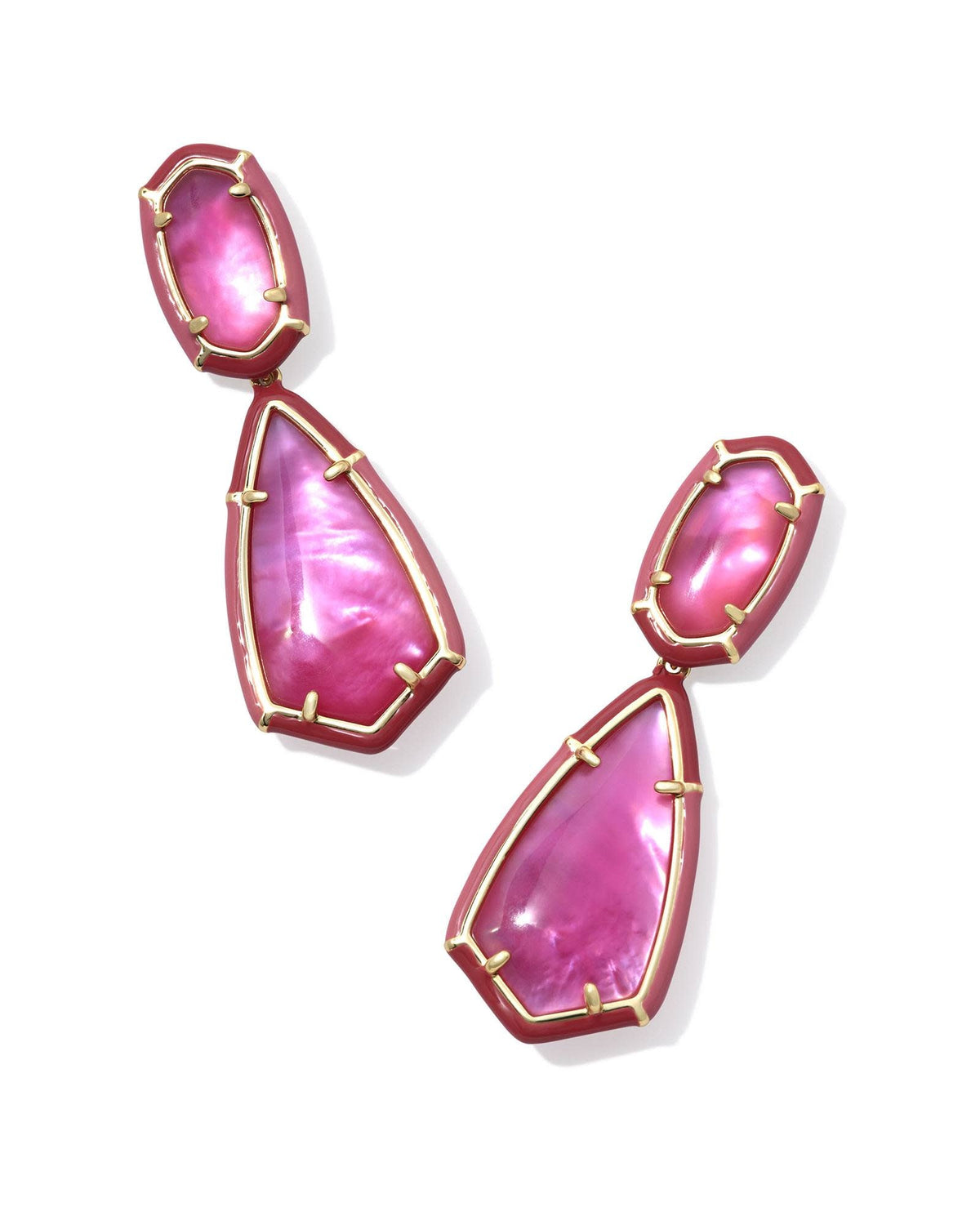 Gold enamel frame statement earrings with custom-cut stones on a post closure.