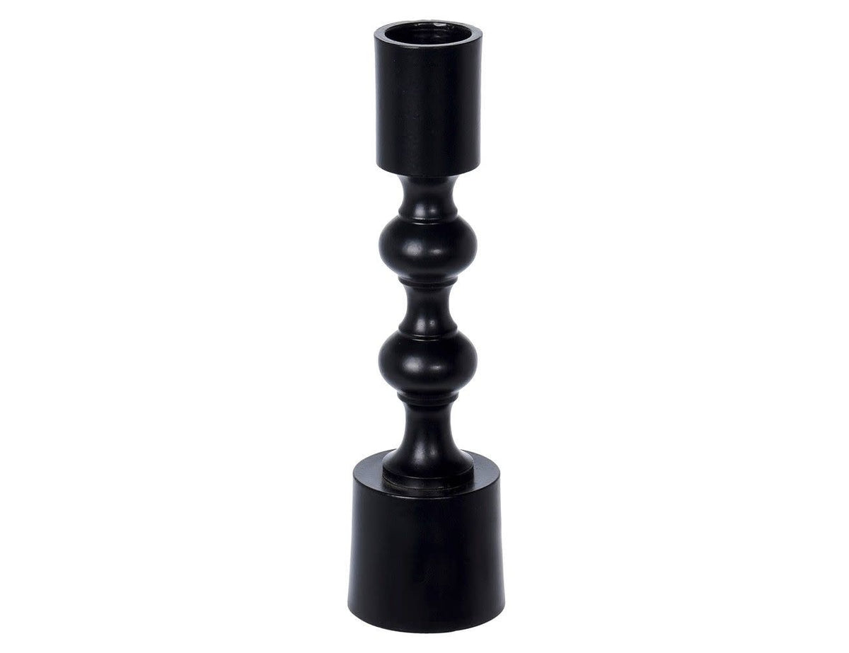 Black glass candle holder with a contemporary cylindrical shape.