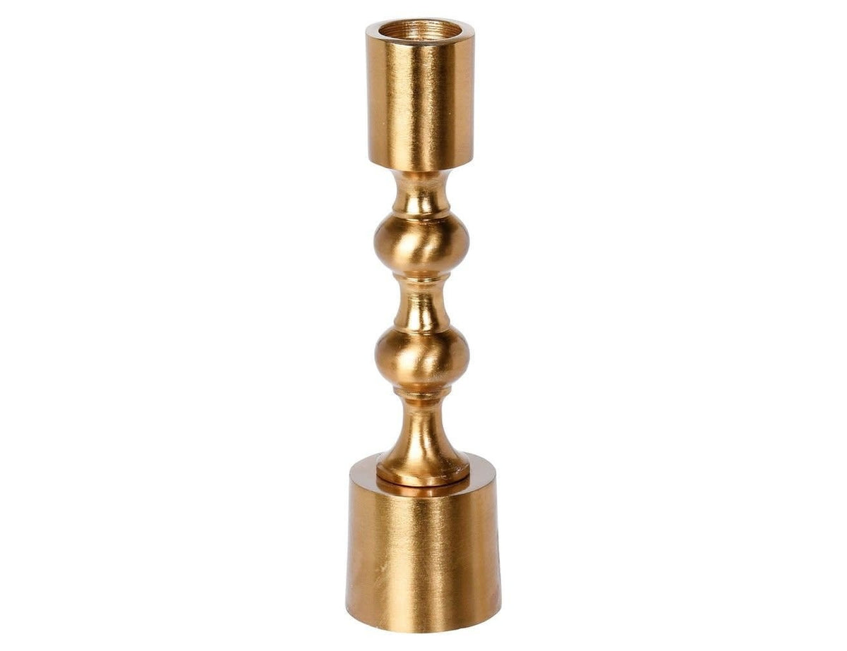 Tall gold glass candle holder with contemporary cylindrical silhouette
