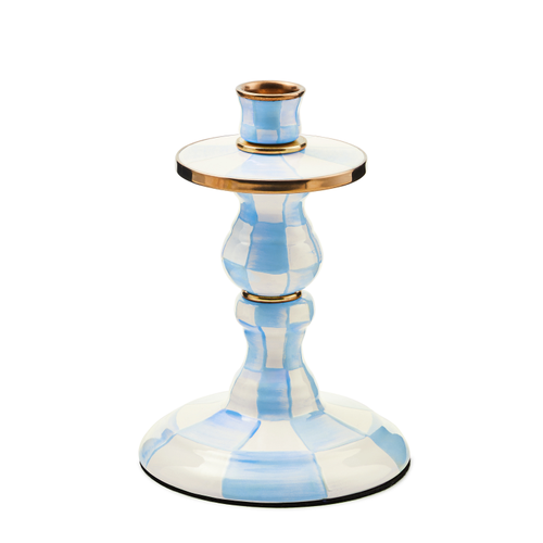 Hand-painted enameled steel candlestick with bronzed stainless rim featuring a colorful check pattern and brass accents.