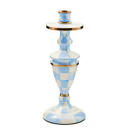 Hand-painted checkered enameled steel candlestick with bronzed stainless rim and brass accents.