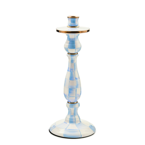 Hand-painted checkered Mackenzie Childs candlestick with enameled steel body and bronzed stainless steel rim.