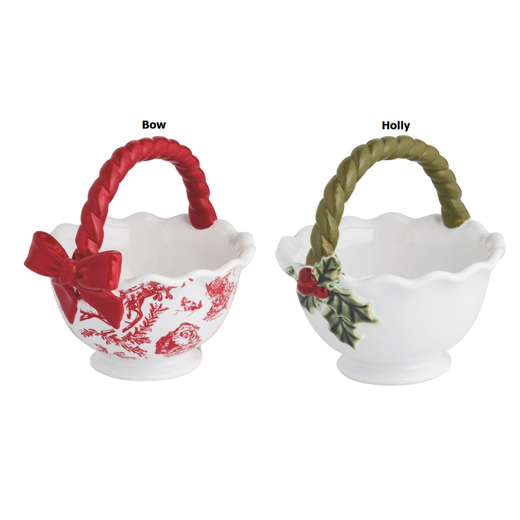 Stoneware candy bowl with pedestal base, top handle, and holly bunch attachment in dark green.