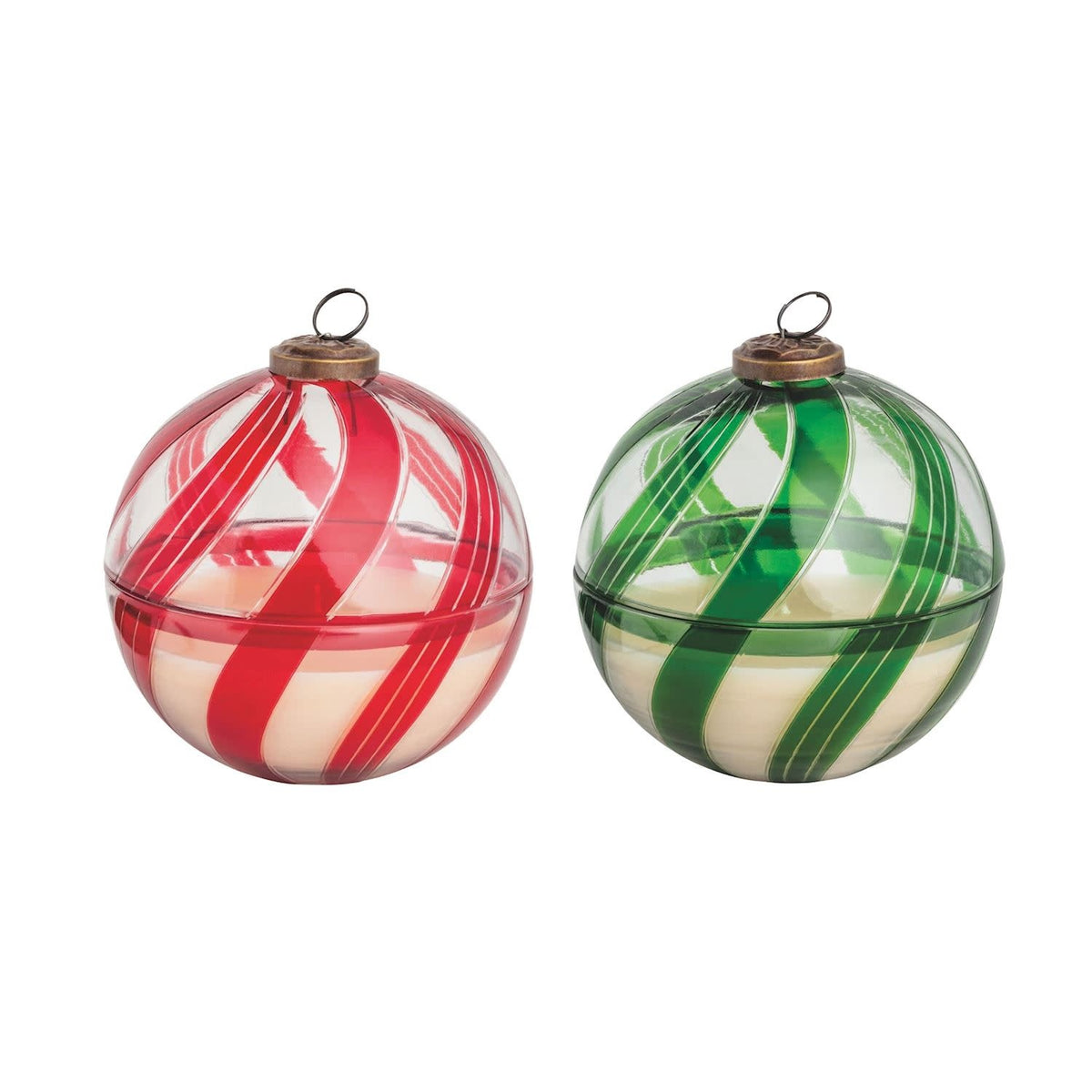 Glass ornament candle with lid in candy cane red and white stripes