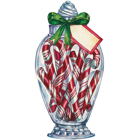 Candy cane striped glass jar with festive bow gift tag