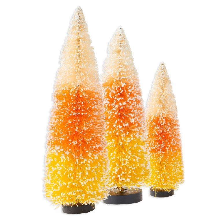 Plastic bottle brush tree shaped like a candy corn with orange, yellow, and white colors.