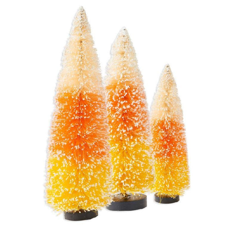 Plastic bottle brush tree shaped like a candy corn with orange, yellow, and white colors.