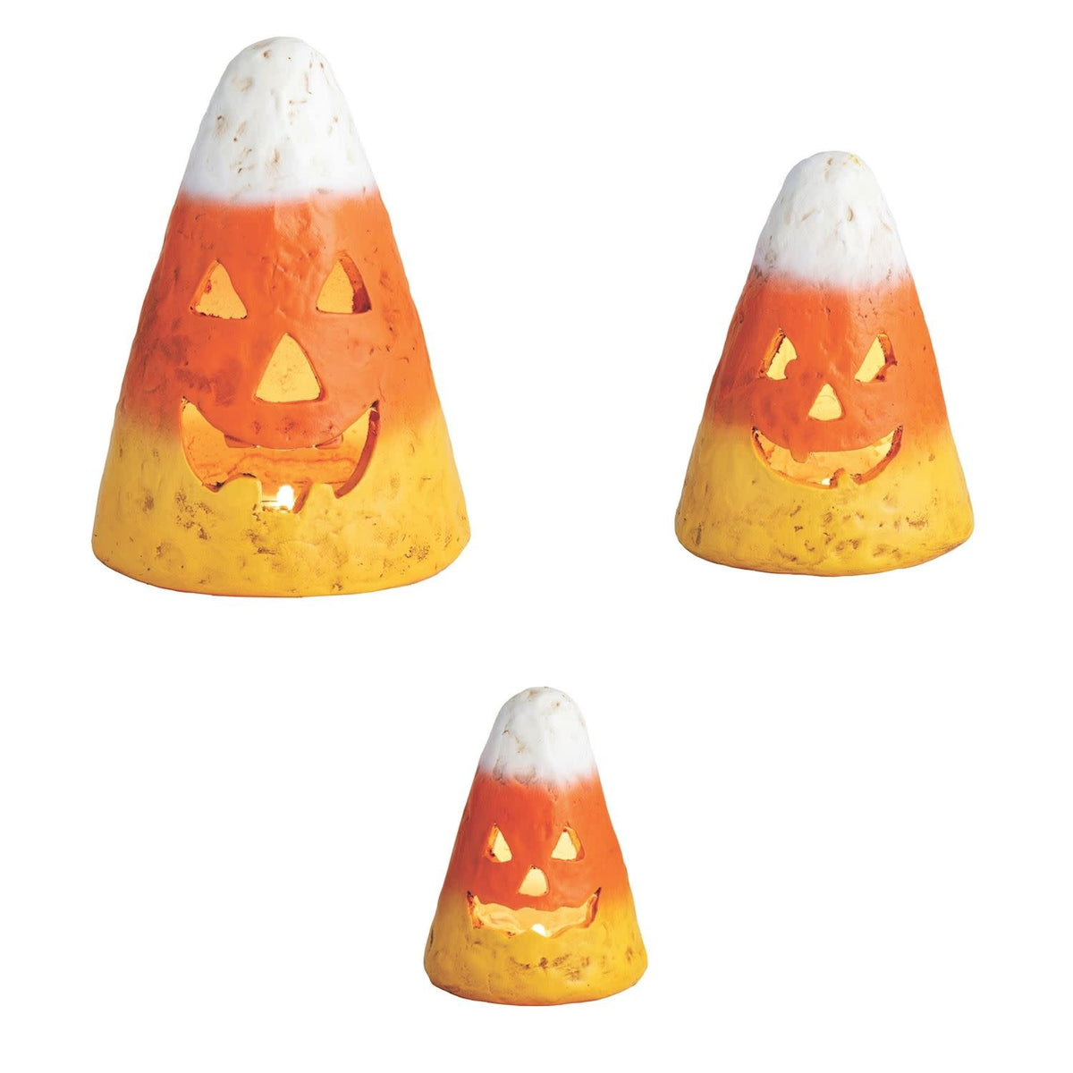 Papier-mâché candy corn luminary with flameless tea light candle