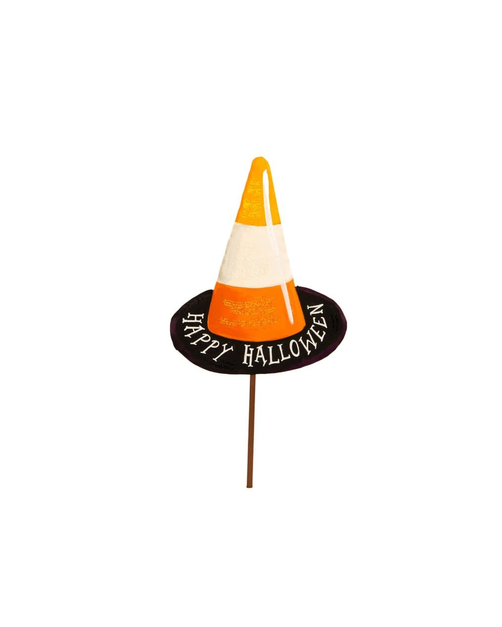 Candy corn witch hat stake with orange, yellow, and white striped brim.