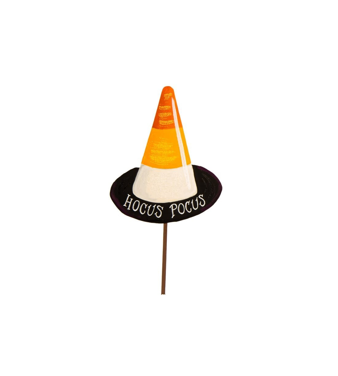 Candy corn witch hat stake with orange, yellow, and white striped brim and black pointed top.