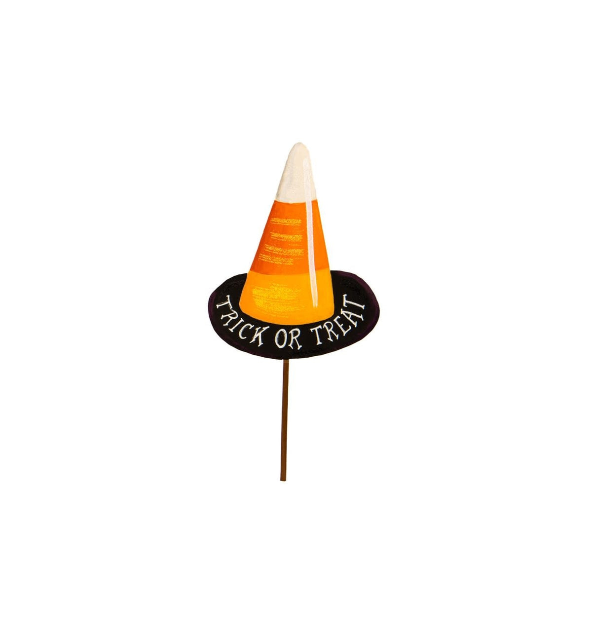 Candy corn witch hat stake with orange, yellow, white striped brim and black pointed crown.