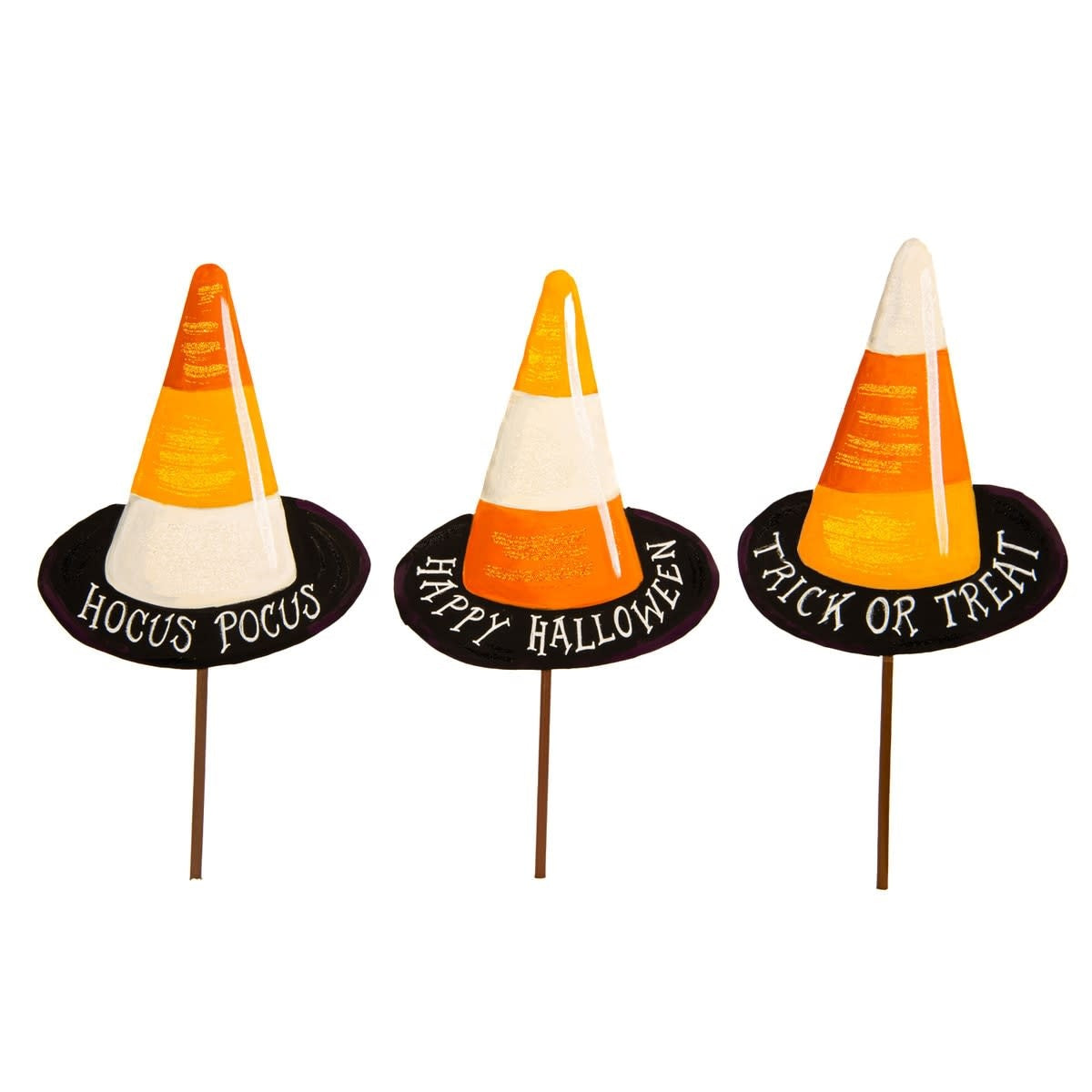Candy corn witch hat stake with orange, yellow, white stripes on a black silhouette.