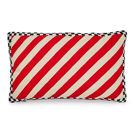 Lumbar pillow with candy stripe chainstitching print and check border in red, white, and black.