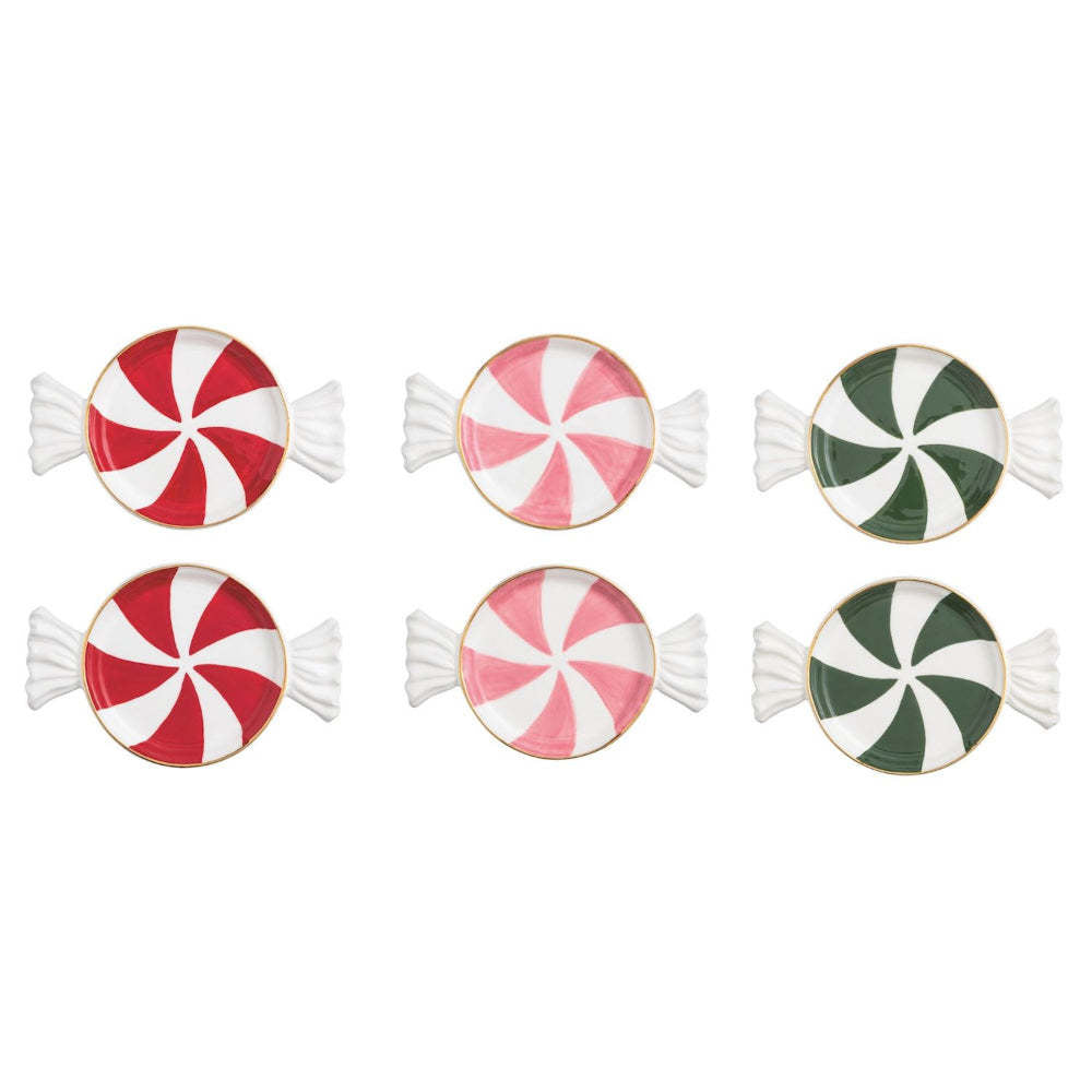 Two peppermint-shaped candy plates with hand-painted gold rims.
