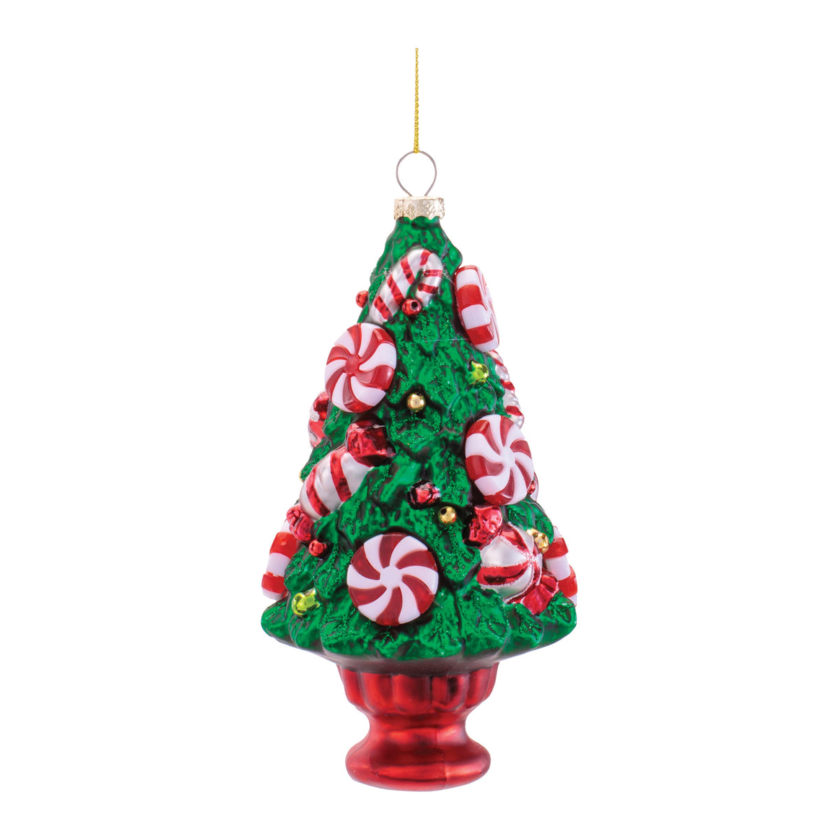 Glass candy tree ornament with colorful striped baubles on a whimsical branch silhouette.