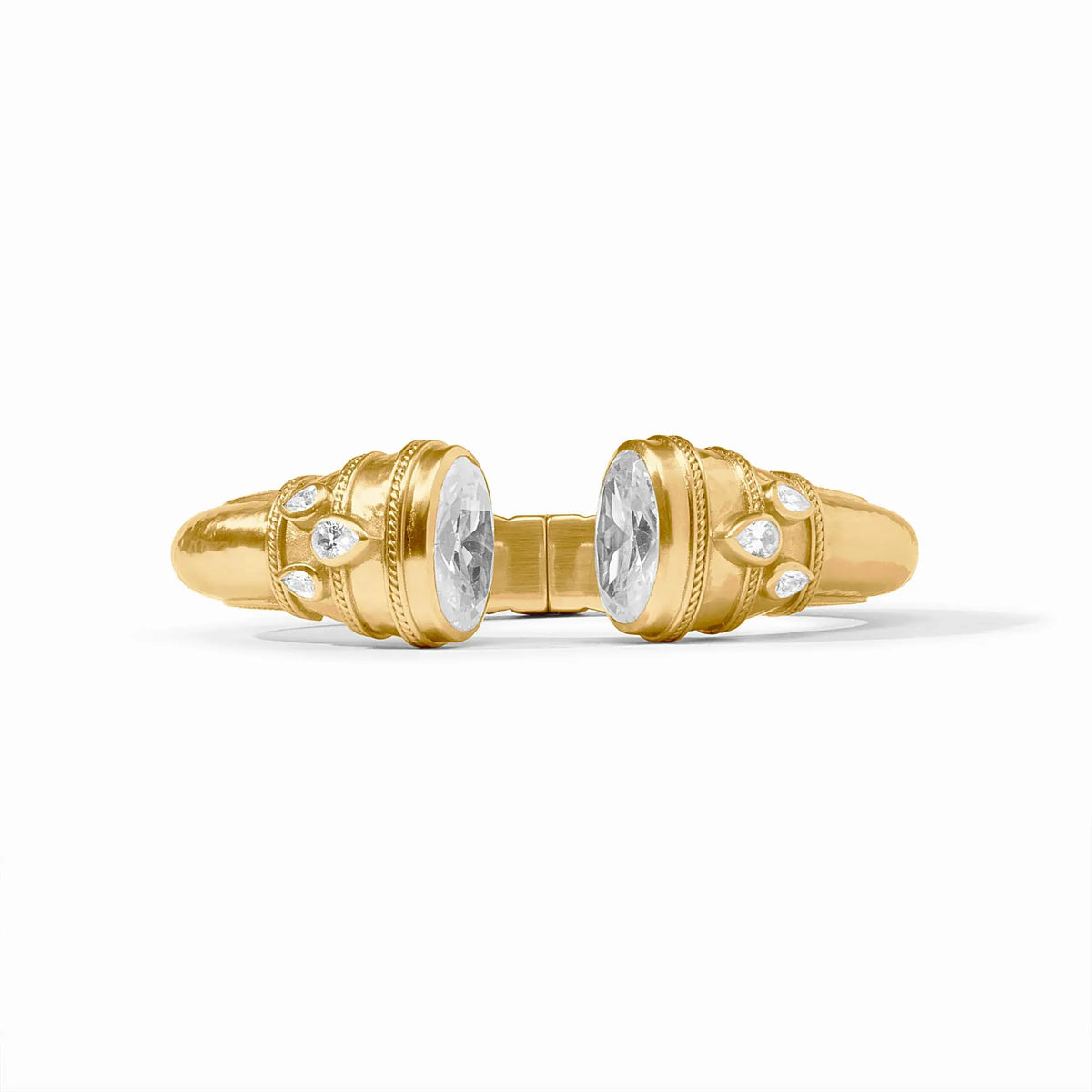 Gold cuff bracelet with rose-cut endcaps, pear gemstones, freshwater pearl, and mother-of-pearl inlay.