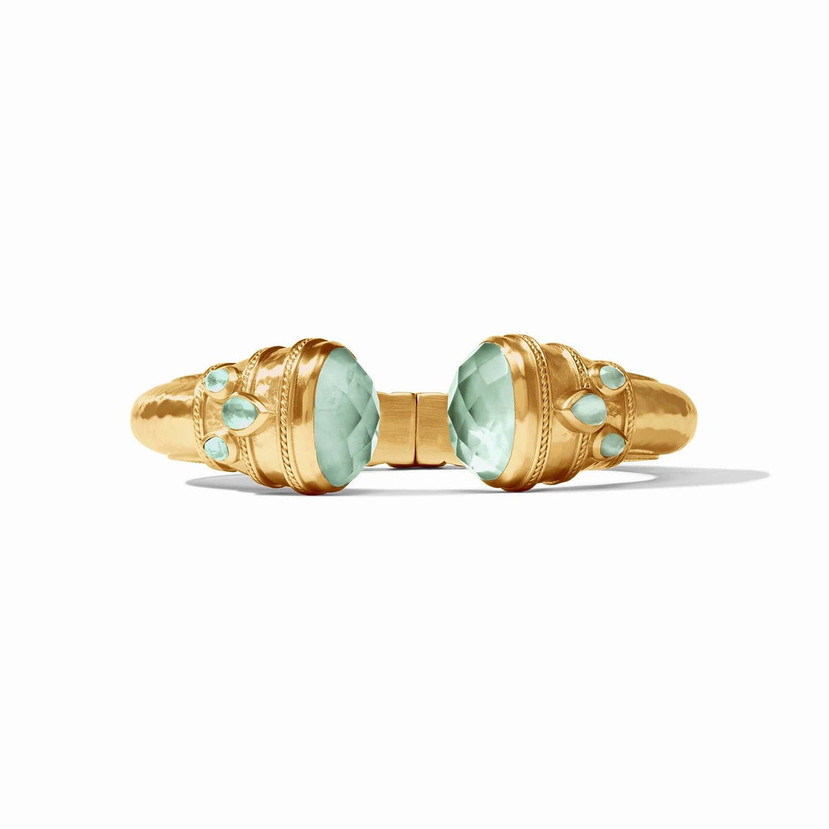 Gold cuff bracelet with rose-cut endcaps, pear gemstones, freshwater pearl, and iridescent aquamarine-blue accents.