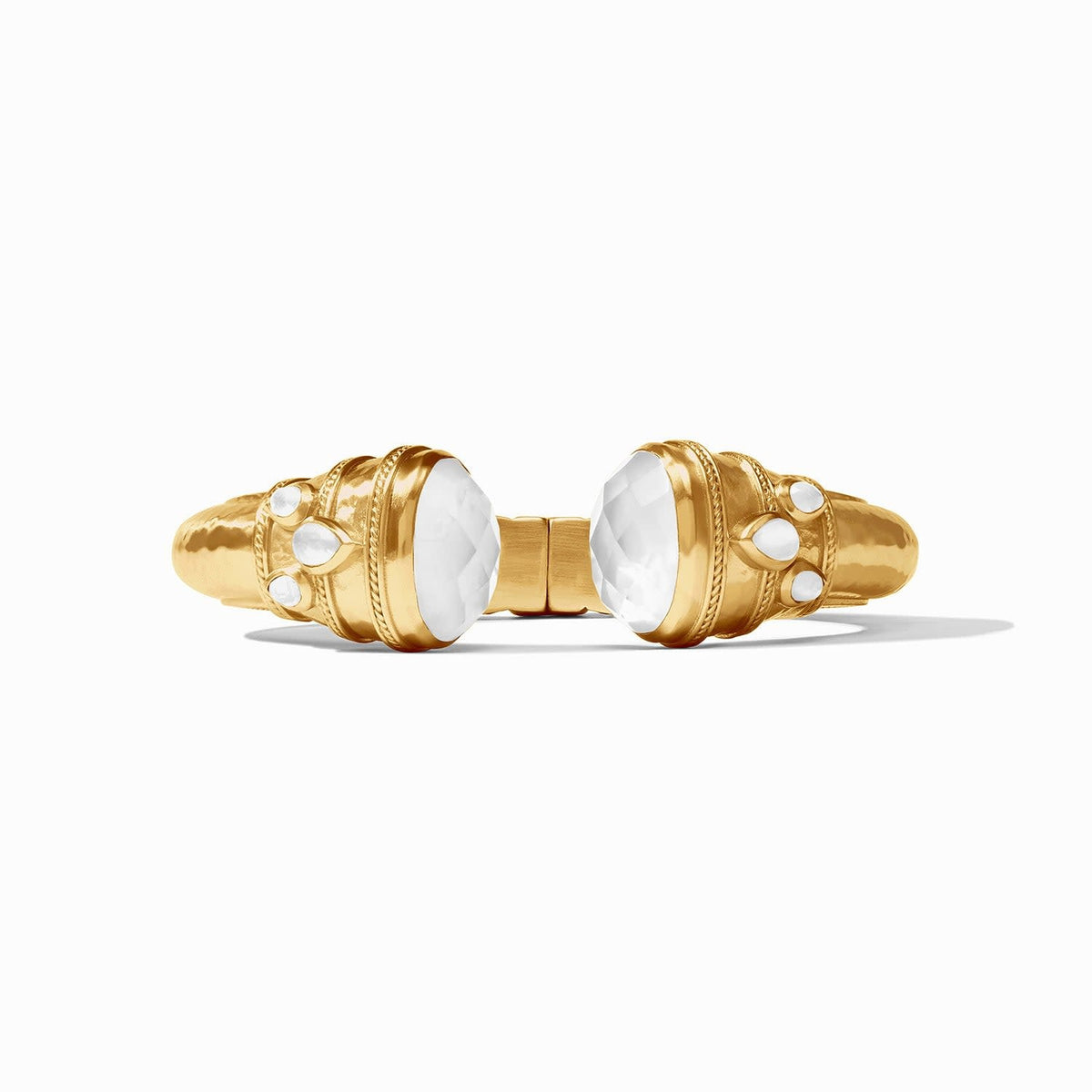 Cannes Cuff Gold bracelet featuring rose-cut endcaps, pear gemstones, freshwater pearl, and mother-of-pearl on gold plate.