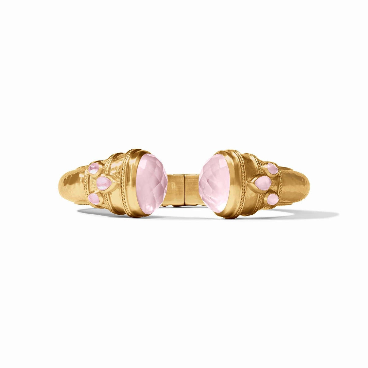Cannes Cuff Gold bracelet featuring rose-cut endcaps, pear gemstones, freshwater pearls, and a gilded cuff with mother-of-pearl accents.