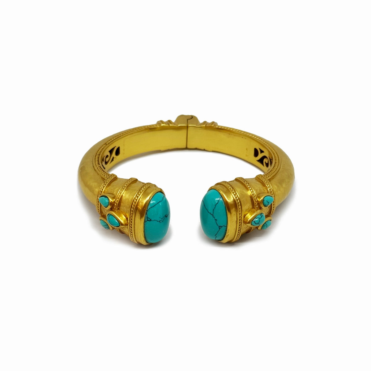 Turquoise gilded cuff bracelet with rose-cut endcaps, pear gemstones, freshwater pearl, and mother-of-pearl inlay.