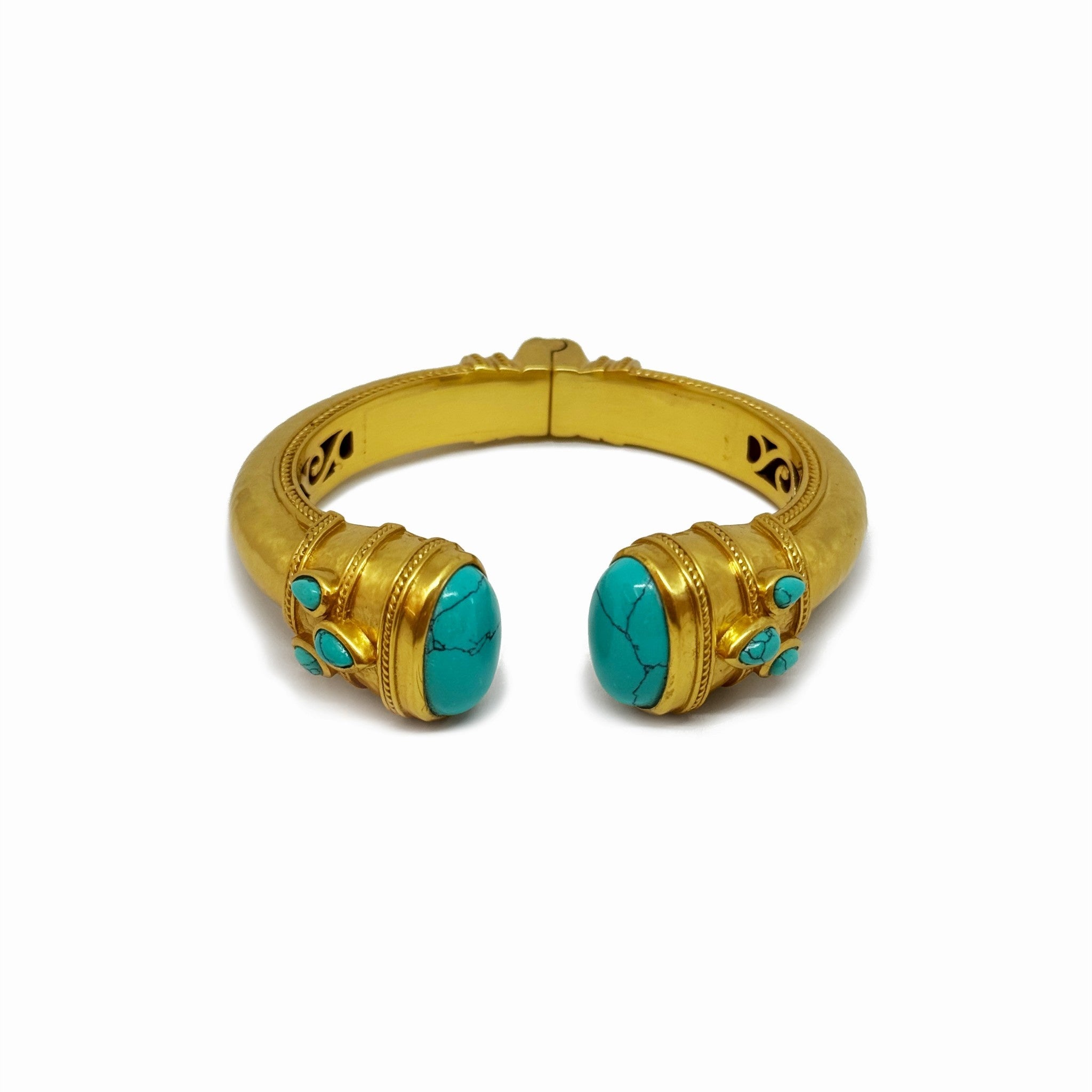 Turquoise gilded cuff bracelet with rose-cut endcaps, pear gemstones, freshwater pearl, and mother-of-pearl inlay.