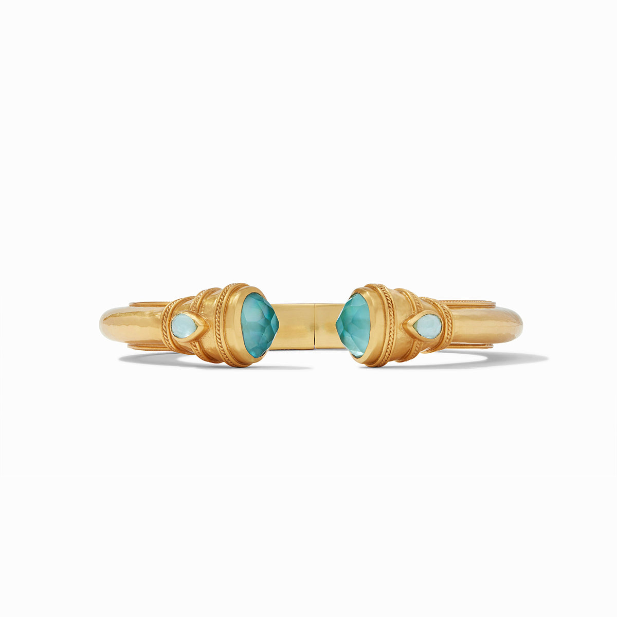 Iridescent Bahamian blue Cannes Demi Cuff with gemstone endcaps and pear-shaped stones in a gilded shank.