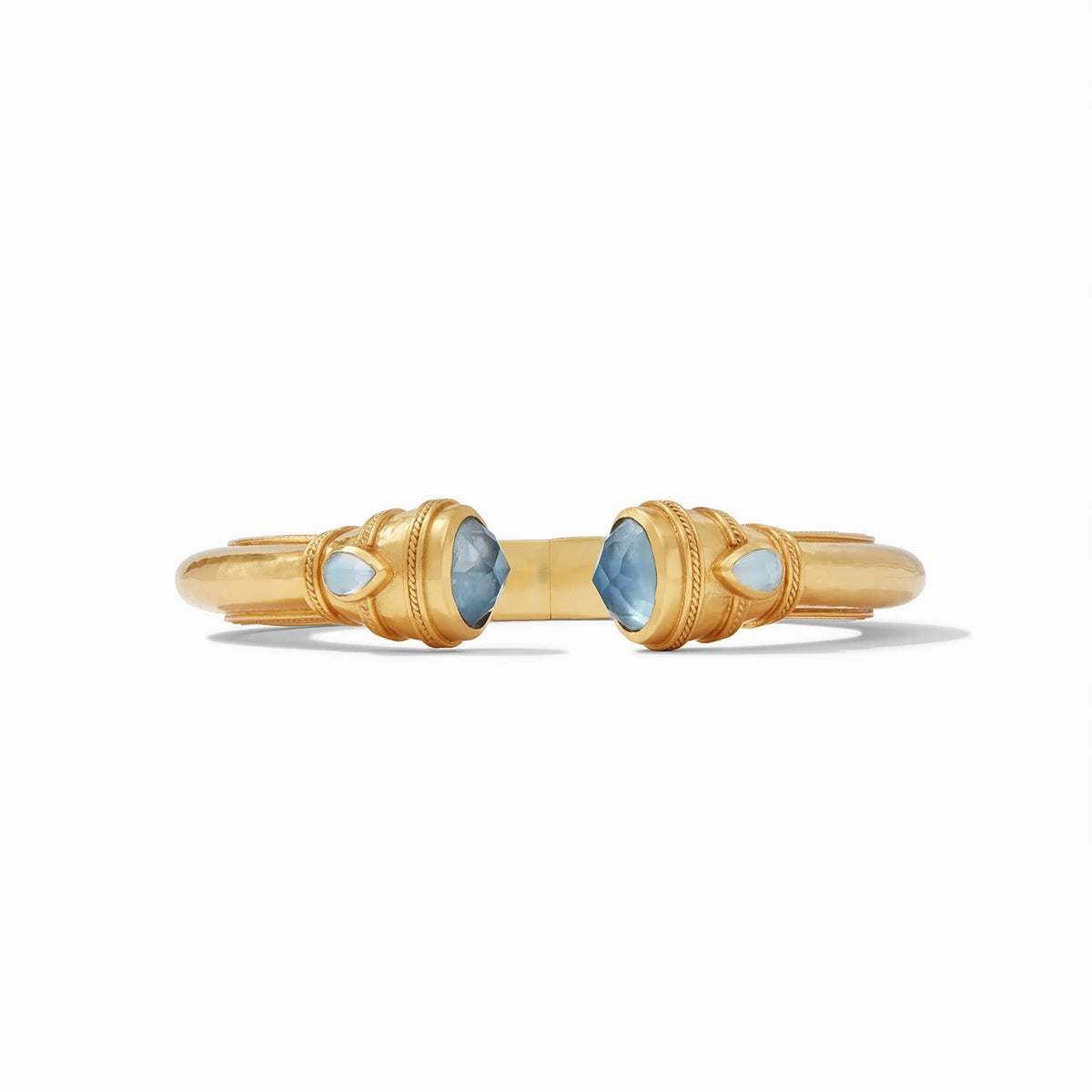 Iridescent chalcedony blue Cannes Demi Cuff with pear-shaped gemstones and shell pearl endcaps on a gilded shank.