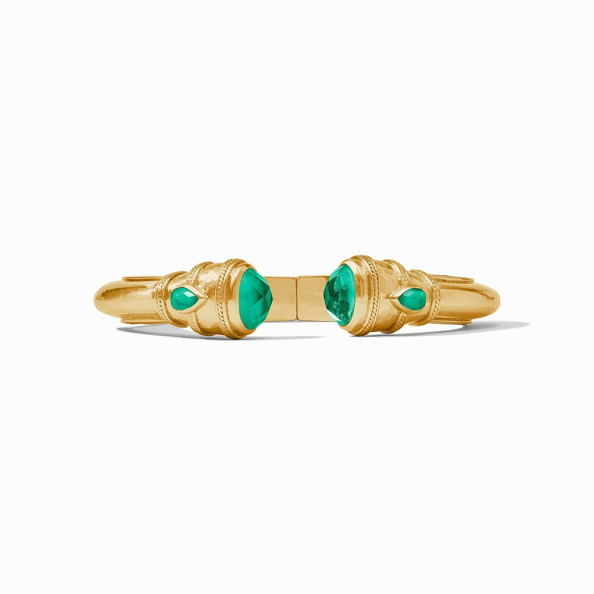 Iridescent emerald green Cannes Demi Cuff with gemstone endcaps on a gilded shank.