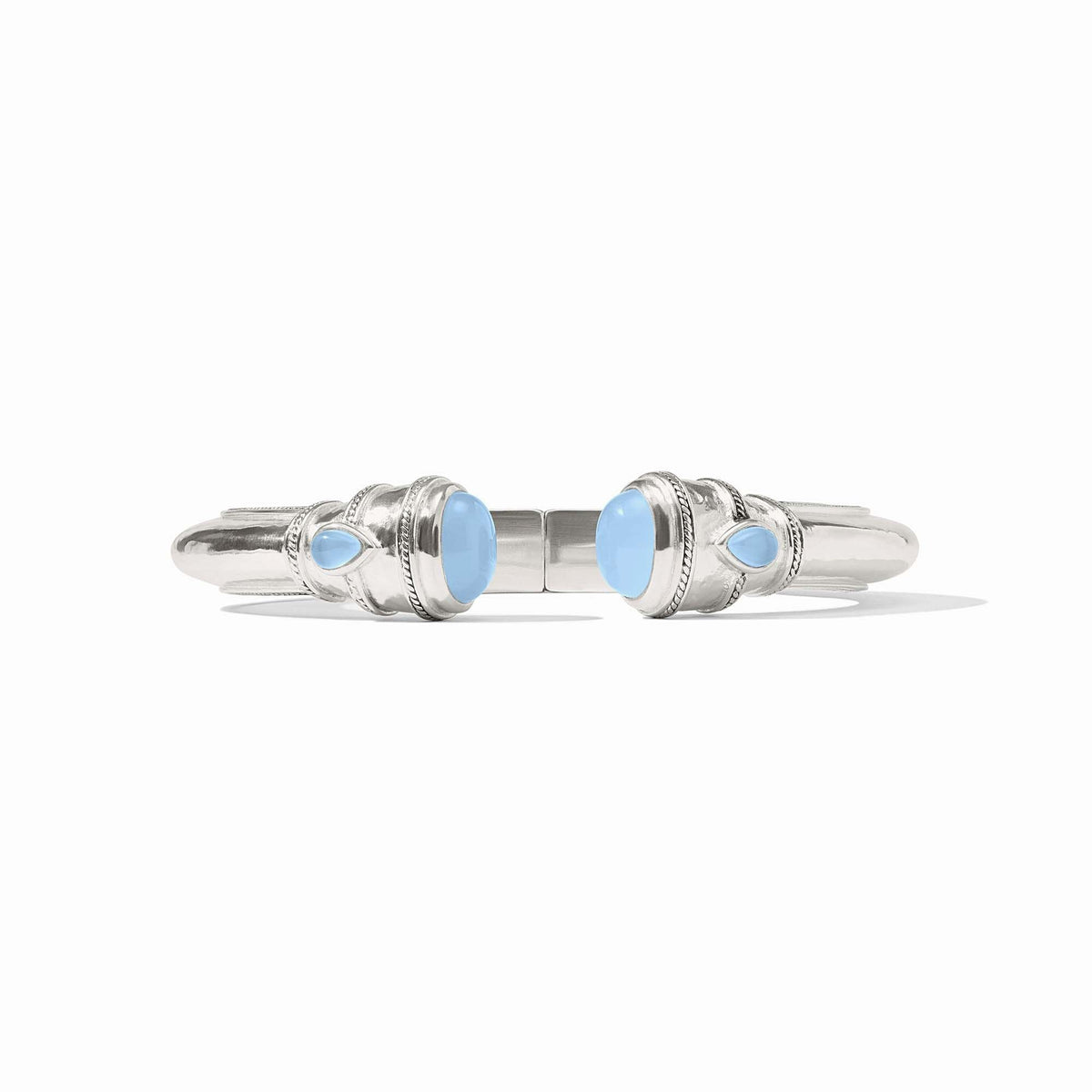 Silver Cannes Demi Cuff with blue chalcedony gemstone endcaps and pear-shaped stones on a gilded shank.