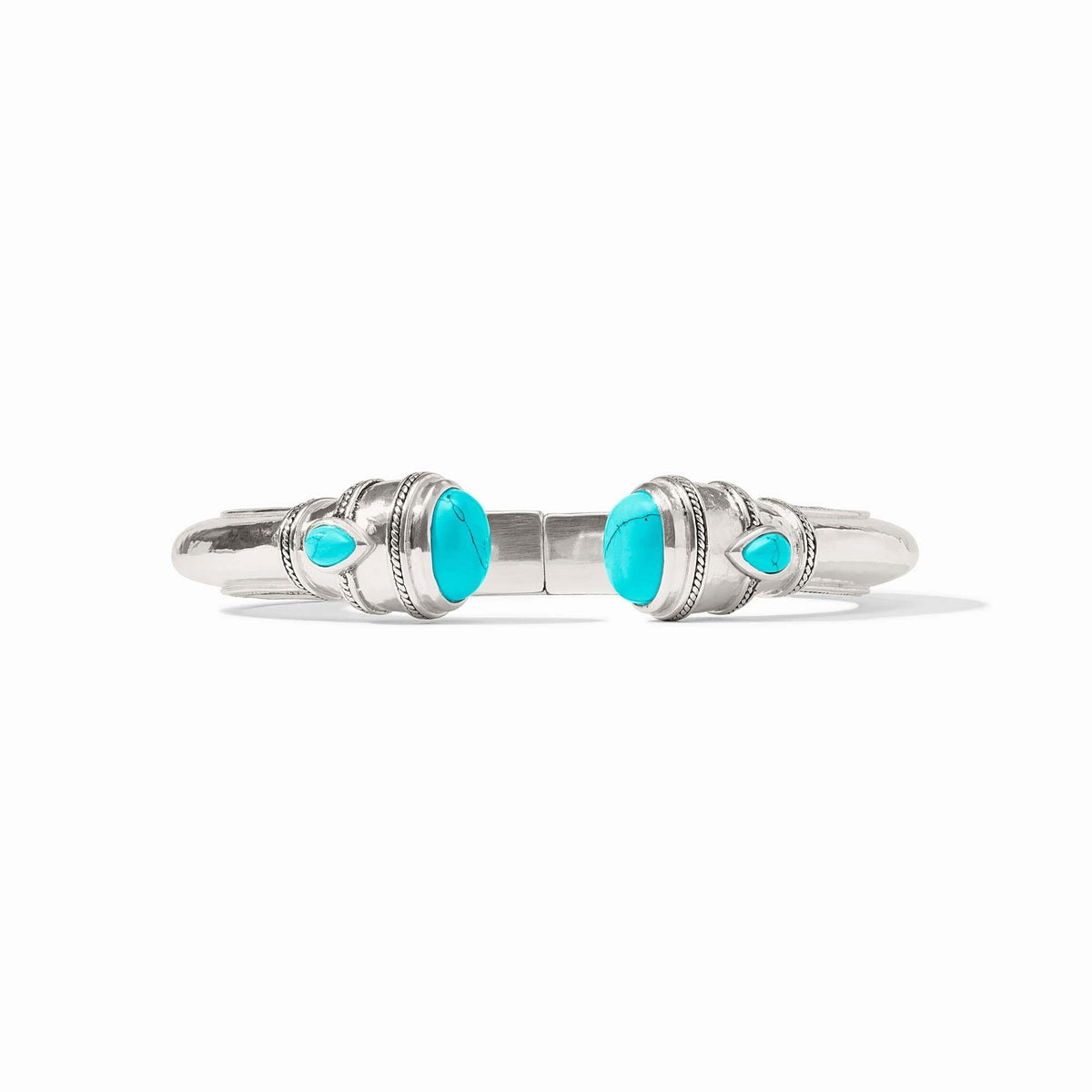 Silver demi cuff bracelet with turquoise blue shell pearl endcaps and pear-shaped gemstones.
