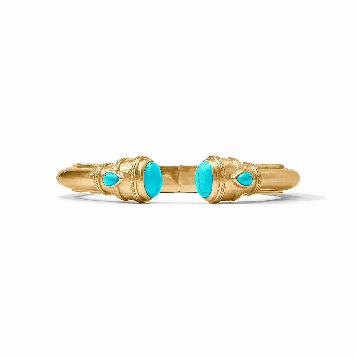 Turquoise demi cuff bracelet with shell pearl endcaps in gilded shank.