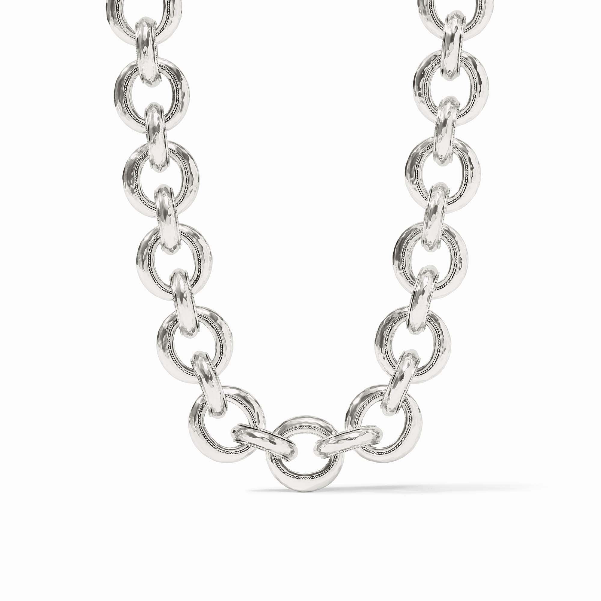 Silver Cannes link necklace with hammered texture and toggle clasp
