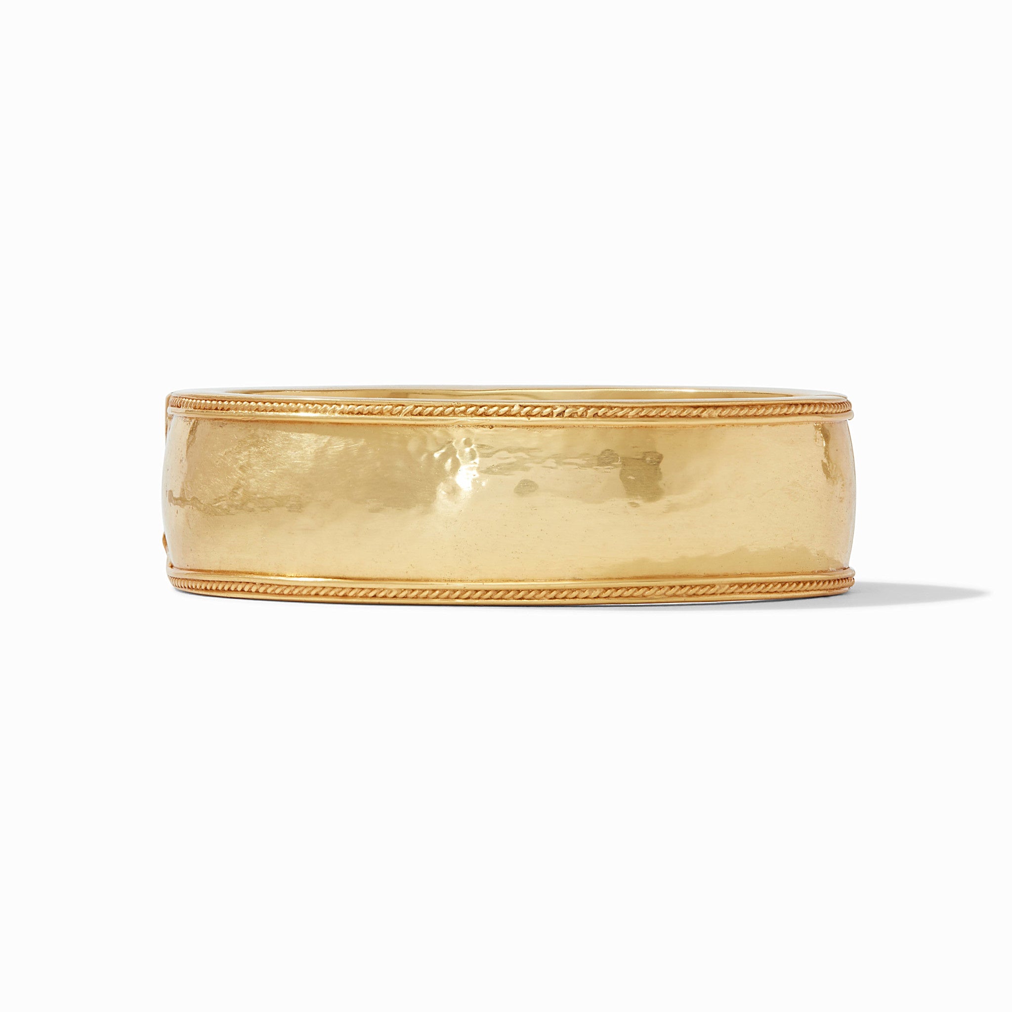 Wide gold bangle with twisted wire hinge detail