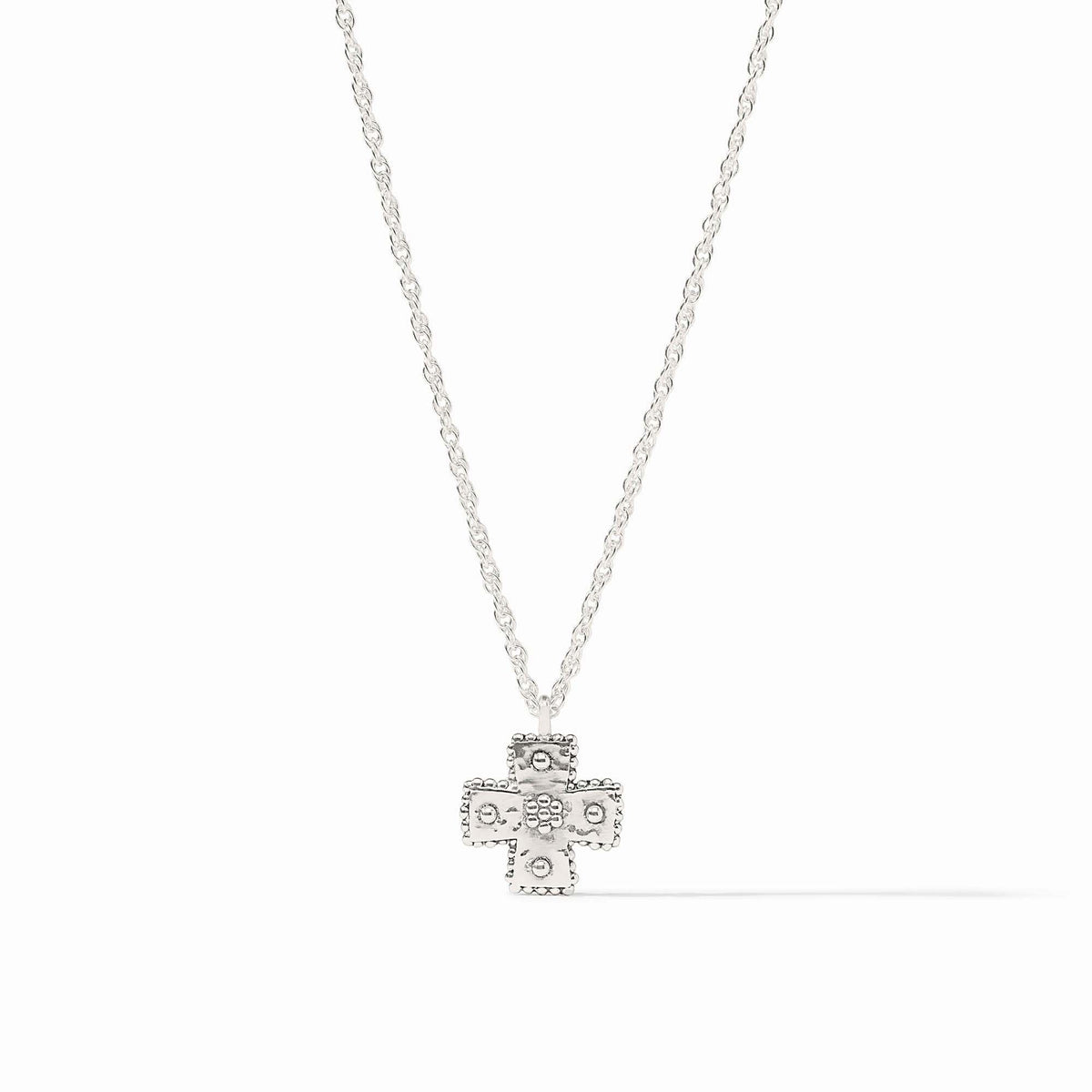 Silver adjustable necklace with a hand-hammered cross pendant featuring bead accents.