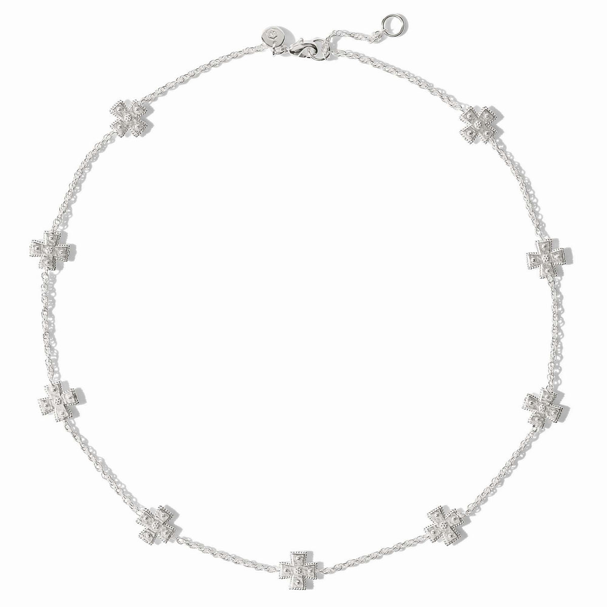 Silver station necklace with hand-hammered cross pendants on a delicate rope chain