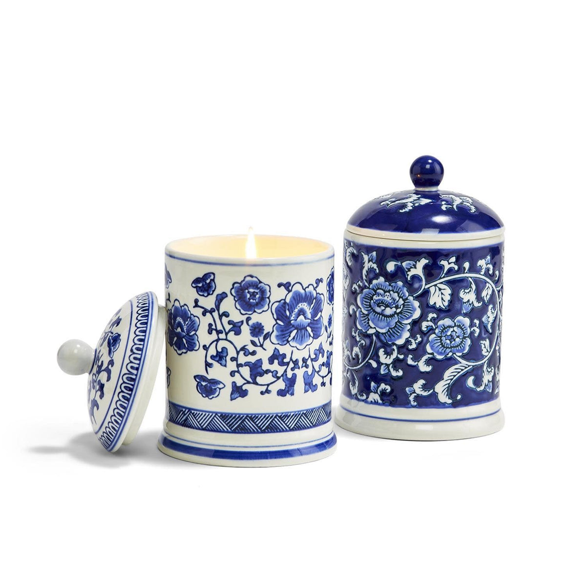 Canton Collection ceramic candle in blue and white traditional design with a lid
