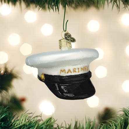 Glass ornament shaped like a US Marine Corps peaked cap with silver accents