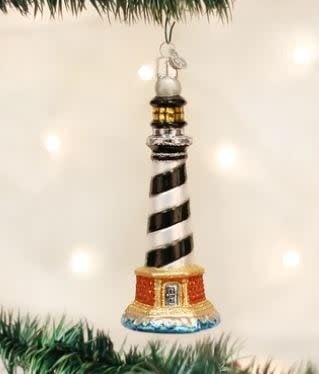 Cape Hatteras Lighthouse ornament in white with red vertical stripes.