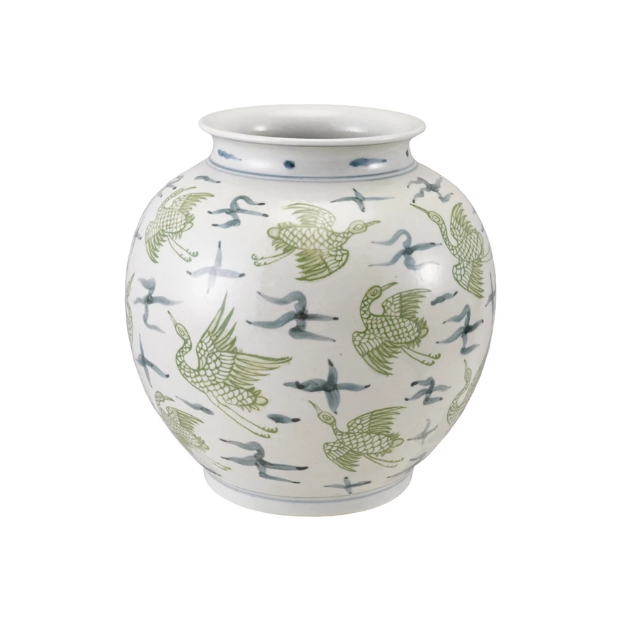Round stoneware ceramic vase with hand-painted crane motif in neutral tones.