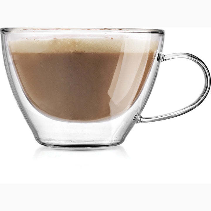 Double-walled borosilicate glass cappuccino cup with a sleek cylindrical silhouette and heat-resistant design.