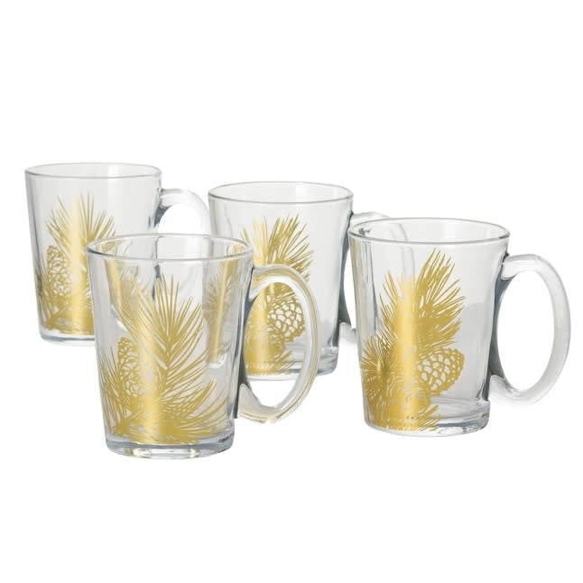 Glass cappuccino mug with gold pine leaf pattern on white background
