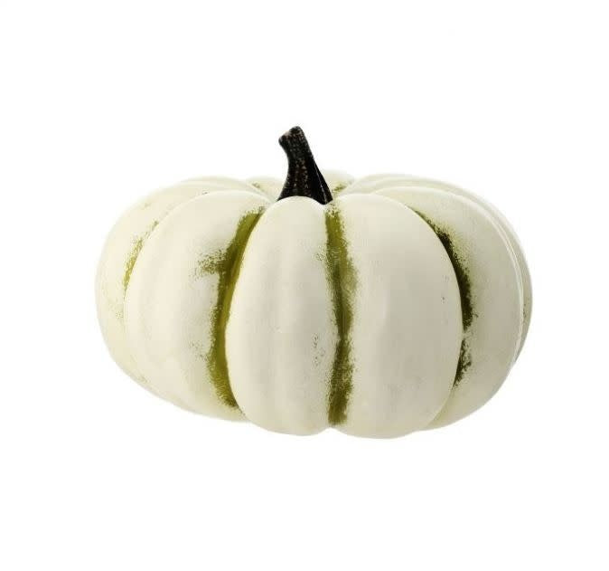 Cream and green latex pumpkin decoration with a vine-like texture, 12 inches wide and 8.5 inches tall