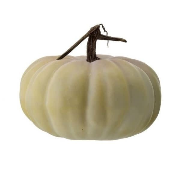 Light green latex harvest pumpkin with vine measuring nine by five inches