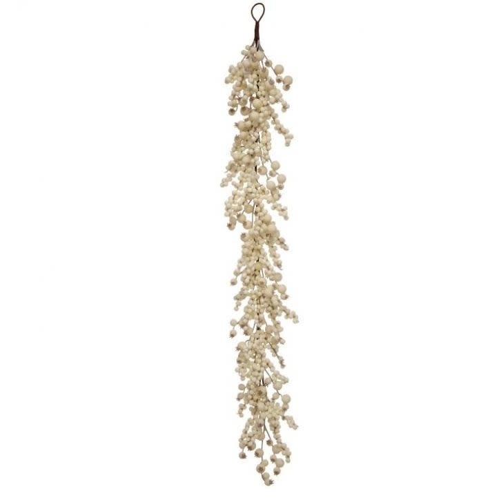 Four-foot cream white weathered berry Christmas garland with natural wood accents.