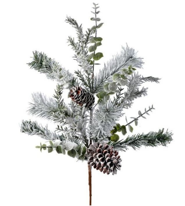 31-inch snow-dusted artificial pine and eucalyptus spray with two pine cones.